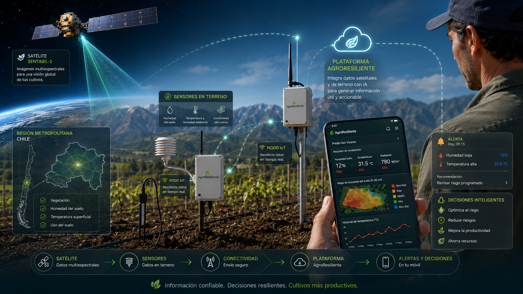 Flujo operativo AgroResiliente: satélite Sentinel-2, sensores IoT en terreno, plataforma y alertas en móvil