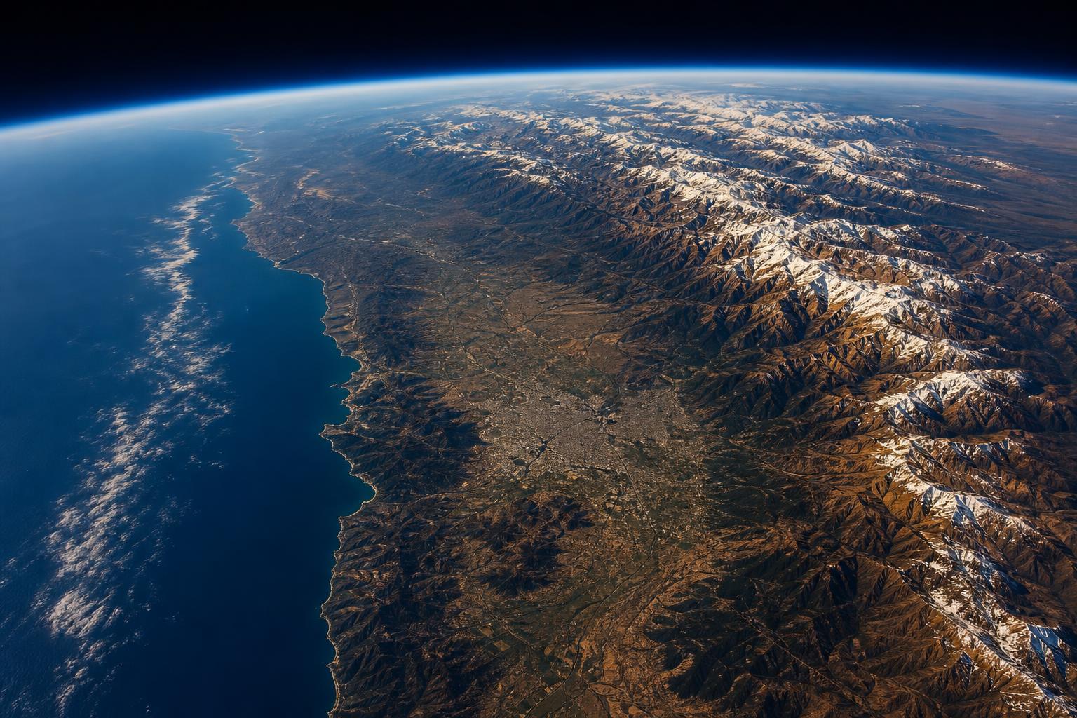 Vista aérea de Chile central, valle de Santiago entre el Pacífico y los Andes