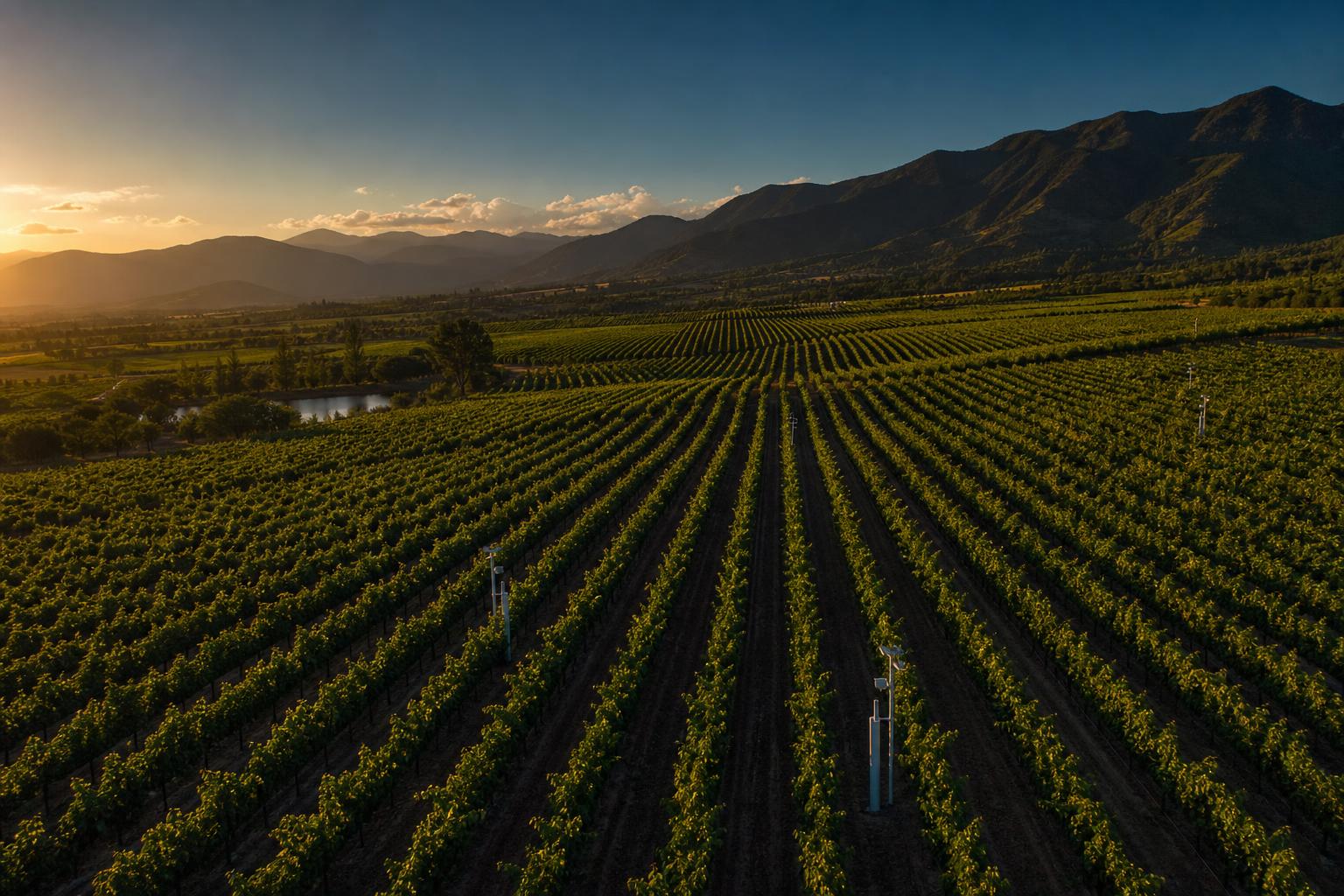 Vista aérea de un predio frutícola en el valle del Maipo al atardecer